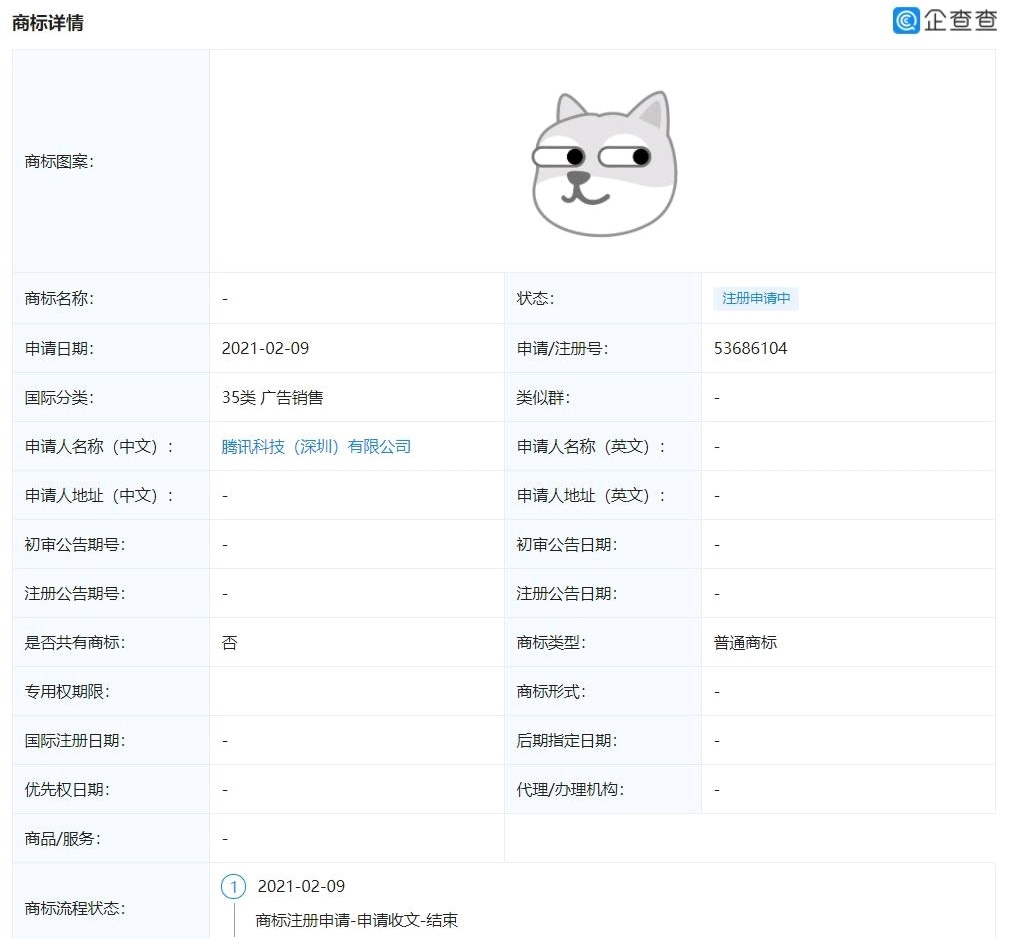 騰訊注冊(cè)狗頭表情包商標(biāo)